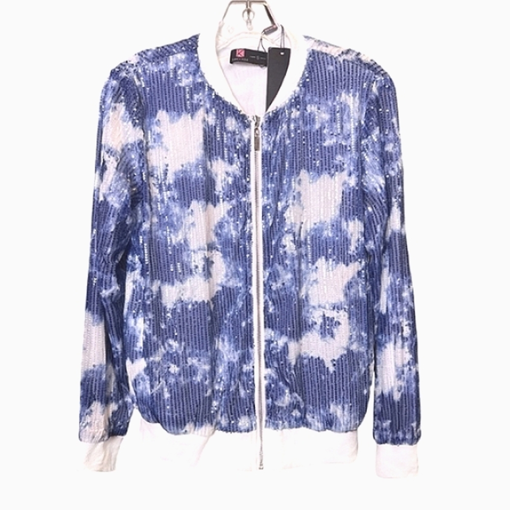 Blue & White Sequin Bomber Jacket